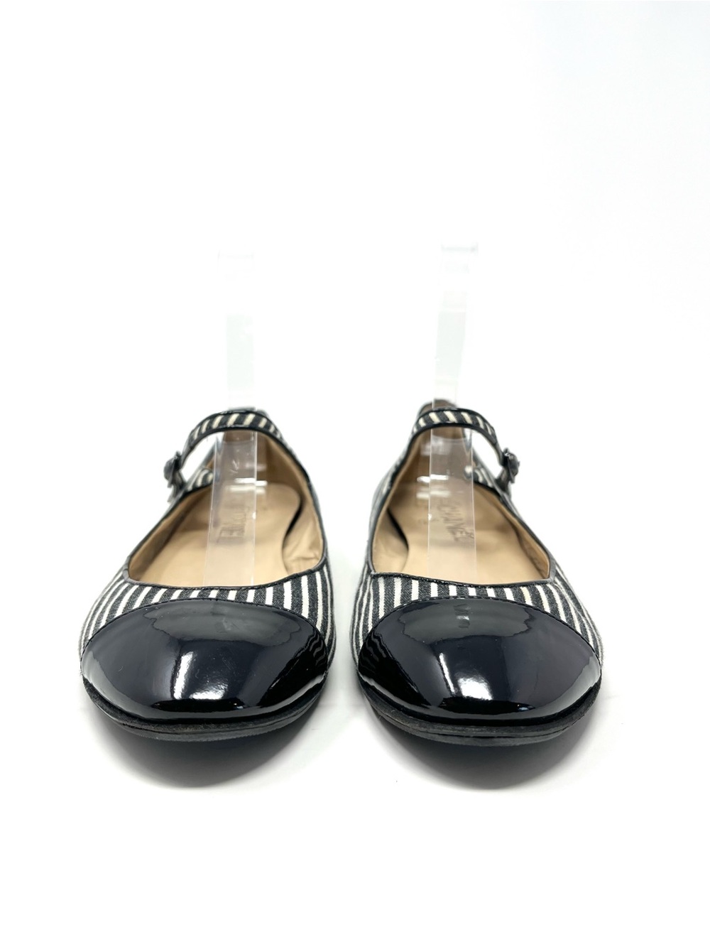 Vintage Vtg Chanel Mary Jane Ballet Flats Black White Striped Cap Toe CC Logo 37 - Picture 5 of 11